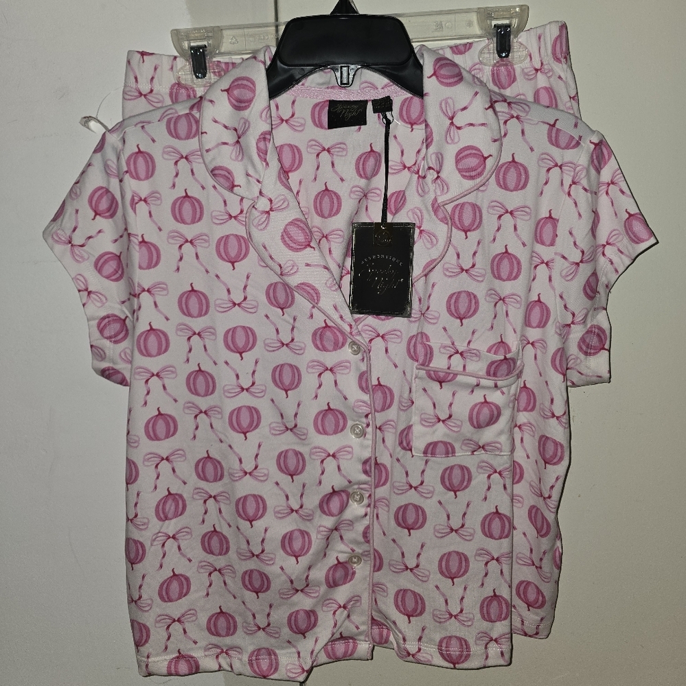 Pink Pumpkin Bow Patterned Pajama Set